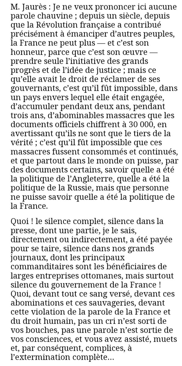 En cet anniversaire de l'assassinat de #JeanJaures, relire ce qu'il disait en 1896 au Palais-Bourbon sur les massacres d'#Armeniens par les Turcs, l'inaction et le silence coupables, voire complices, de l'Europe, de la France des médias... Les choses ont-elles vraiment changé ?