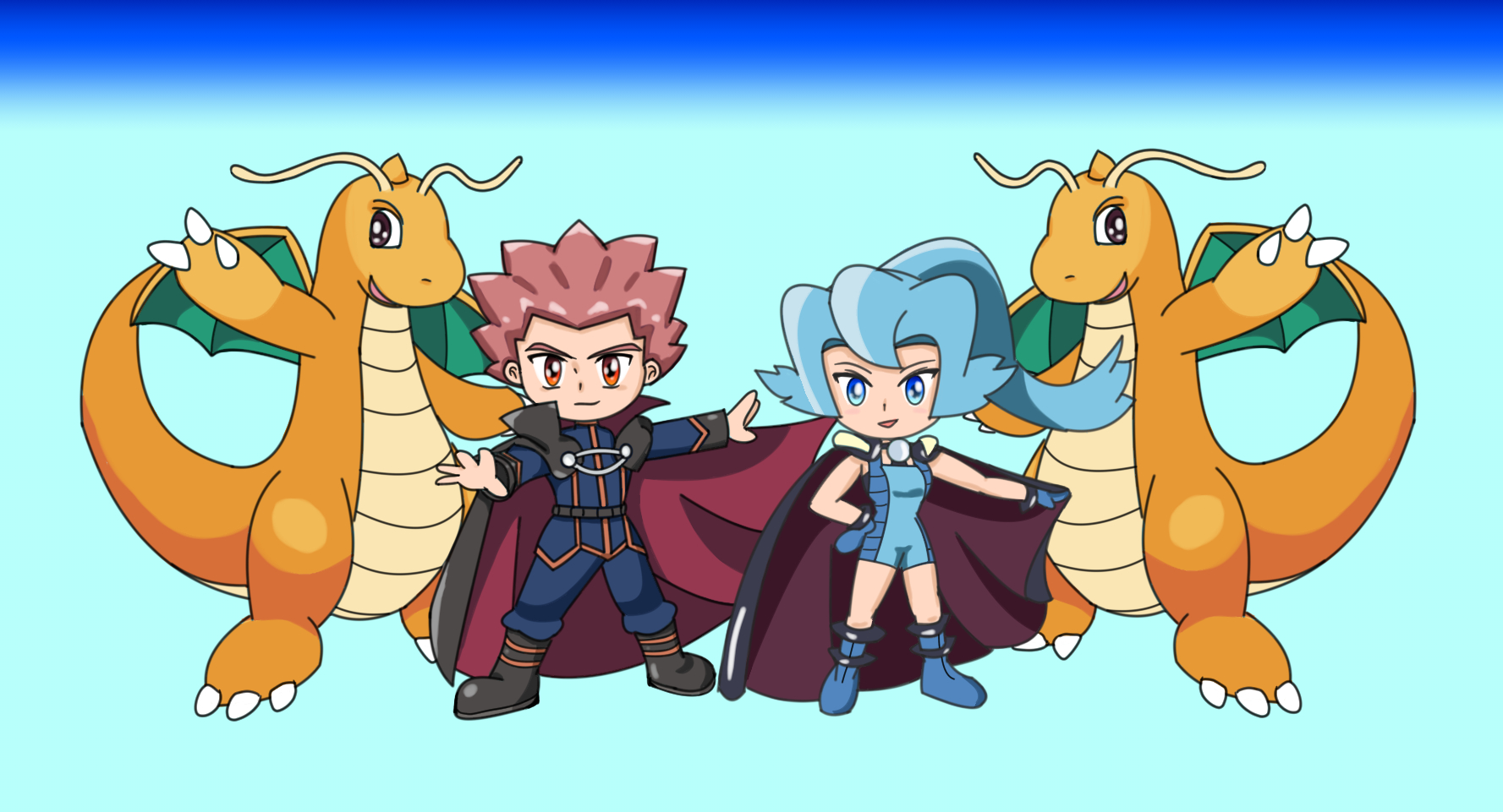 リンドー ワタル イブキのダブルカイリュー Hgssのタッグバトルっぽいイメージでお絵描き ポケマスでもいつか再現できないかな カイリューのポーズは ポケカのイラストが好みにドストライクだったので似せてみました ポケモン絵描きさんと繋がり