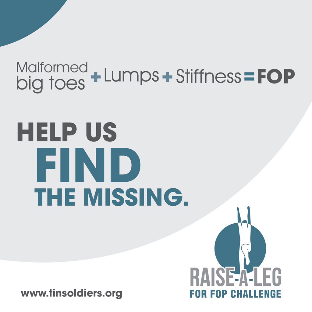 Malformed big toes + Lumps + Stiffness = FOP. Help us FIND the missing!
#fopchallenge #raisealegforfop #helpusfindthemissing #tinsoldiersfoppatientsearch #raredisease #CareAboutRARE