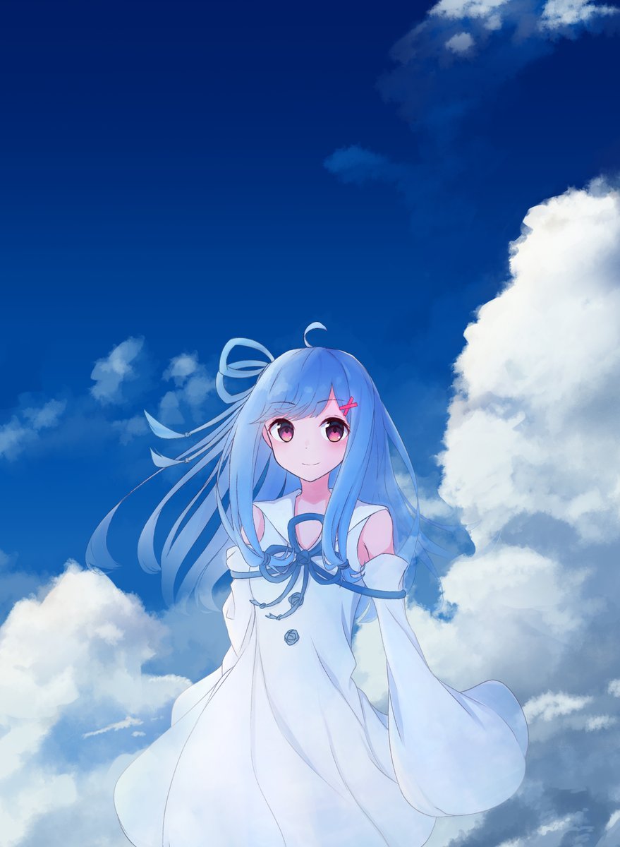 kotonoha aoi 1girl solo blue hair cloud dress long hair sky  illustration images