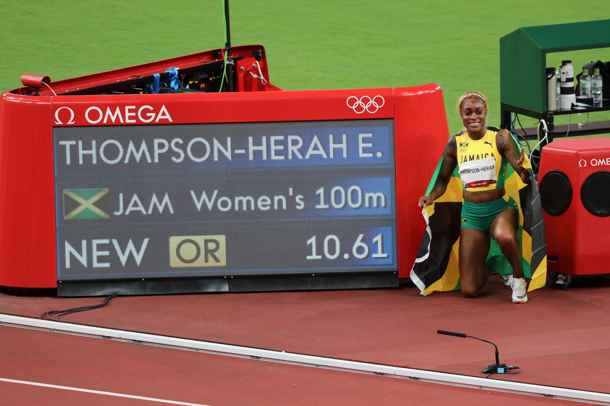 PanamSports's tweet photo. AMAZING JAMAICA 🇯🇲 IS THE OWNER OF THE WOMEN’S 100mts PODIUM IN @tokyo2020 and Elaine Thompson is New Olympic Record!!!
🥇 Elaine Thompson 🇯🇲 10.61 (OR)
🥈 Shelly Ann Fraser Pryce 🇯🇲 10.74
🥉 Shericka Jackson 🇯🇲 10.76
Congrats @jaolympic !!! https://t.co/4TlGJ6ys5v
