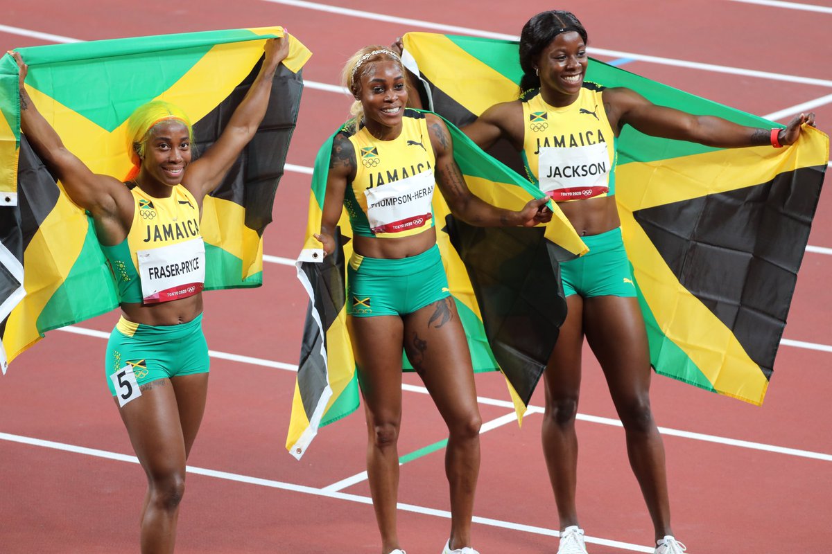 PanamSports's tweet photo. AMAZING JAMAICA 🇯🇲 IS THE OWNER OF THE WOMEN’S 100mts PODIUM IN @tokyo2020 and Elaine Thompson is New Olympic Record!!!
🥇 Elaine Thompson 🇯🇲 10.61 (OR)
🥈 Shelly Ann Fraser Pryce 🇯🇲 10.74
🥉 Shericka Jackson 🇯🇲 10.76
Congrats @jaolympic !!! https://t.co/4TlGJ6ys5v