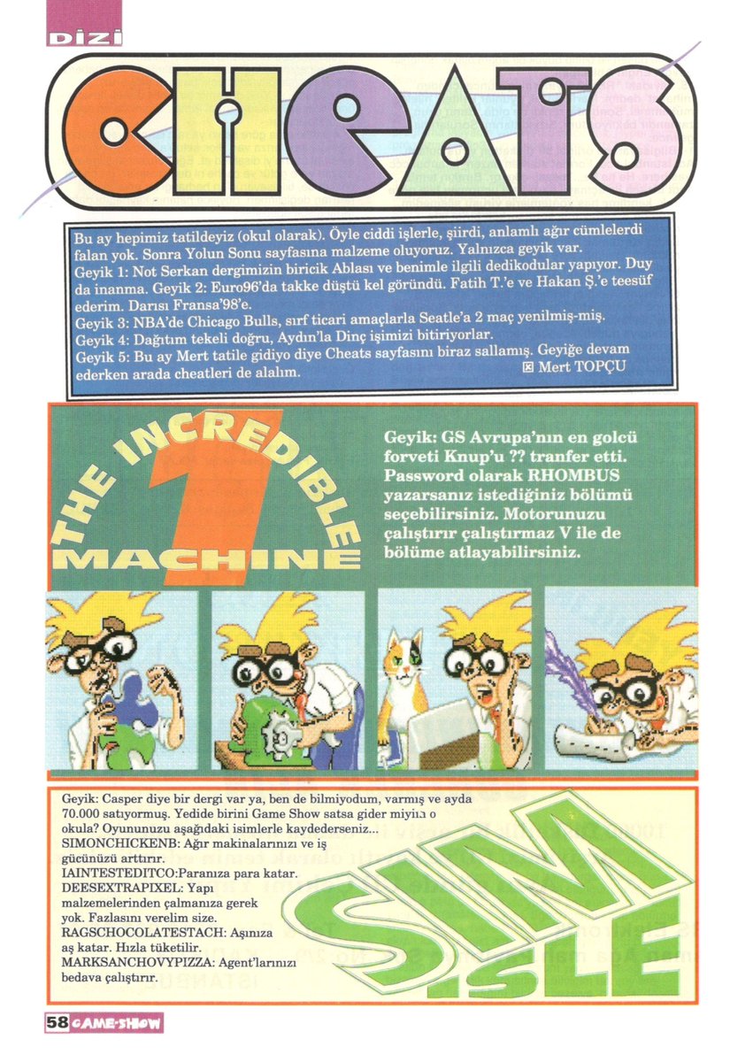 GameShowTR's tweet photo. #GameShow #GameShowTR
#OnYedinciSayı #Issue17
#Temmuz1996 #July1996

#Cheats 🤞

#TheIncredibleMachine ⚙️
#SimIsle 🗾
#Ultima 🧙
#TestDrive 🏎️
#TIEFighter 🚀 https://t.co/k1kp0PxPOh
