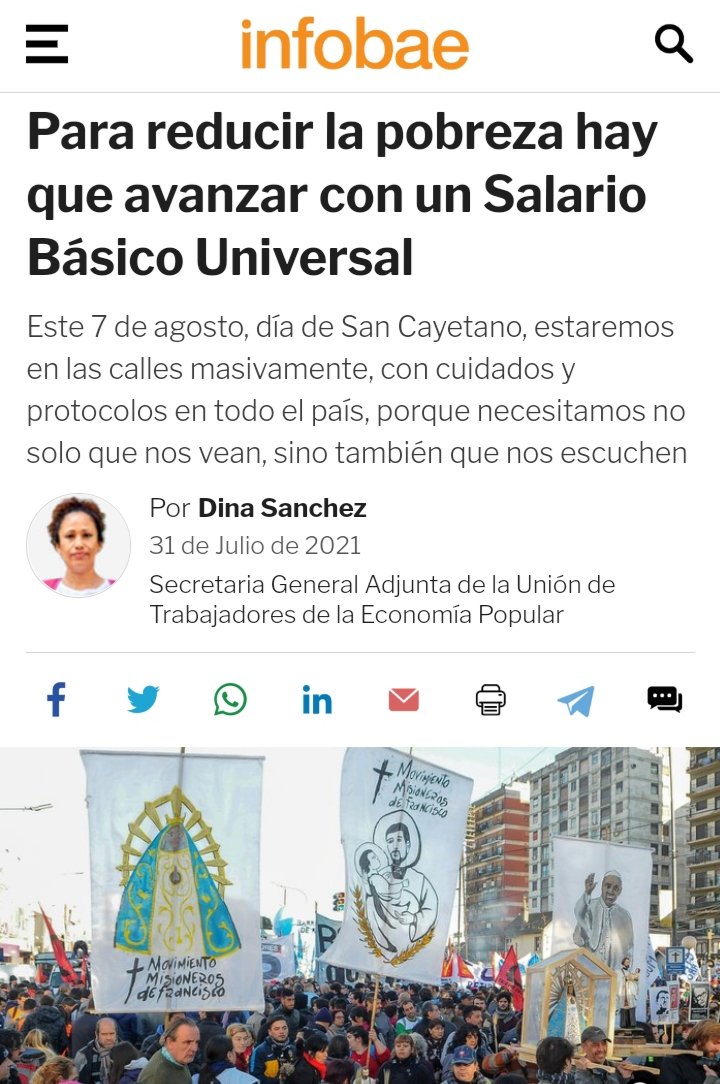 Comparto esta nota que escribí a <a href="/infobae/">infobae</a>

Este 7 de agosto estaremos en las calles masivamente. Porque necesitamos que nos vean y que nos escuchen.Para reducir la pobreza hay que avanzar con un Salario Básico Universal. infobae.com/opinion/2021/0…