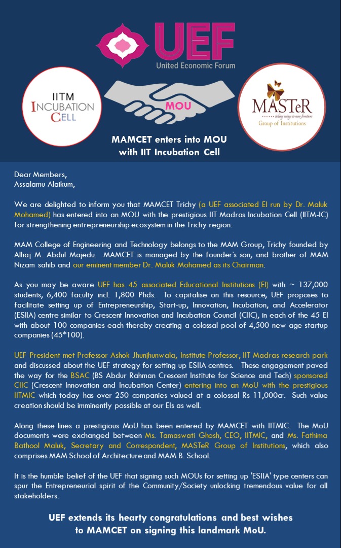MASTeRGroupofI1's tweet photo. Congratulations!!! M.A.M. College of Engineering &amp; Technology on signing a Memorandum wit IIT Madras Incubation Cell (IITM-IC) to strengthen entrepreneurship ecosystem in the Trichy Region.
#Entrepreneurship #iitmadras #startups #innovation https://t.co/s1wqBu4UK1