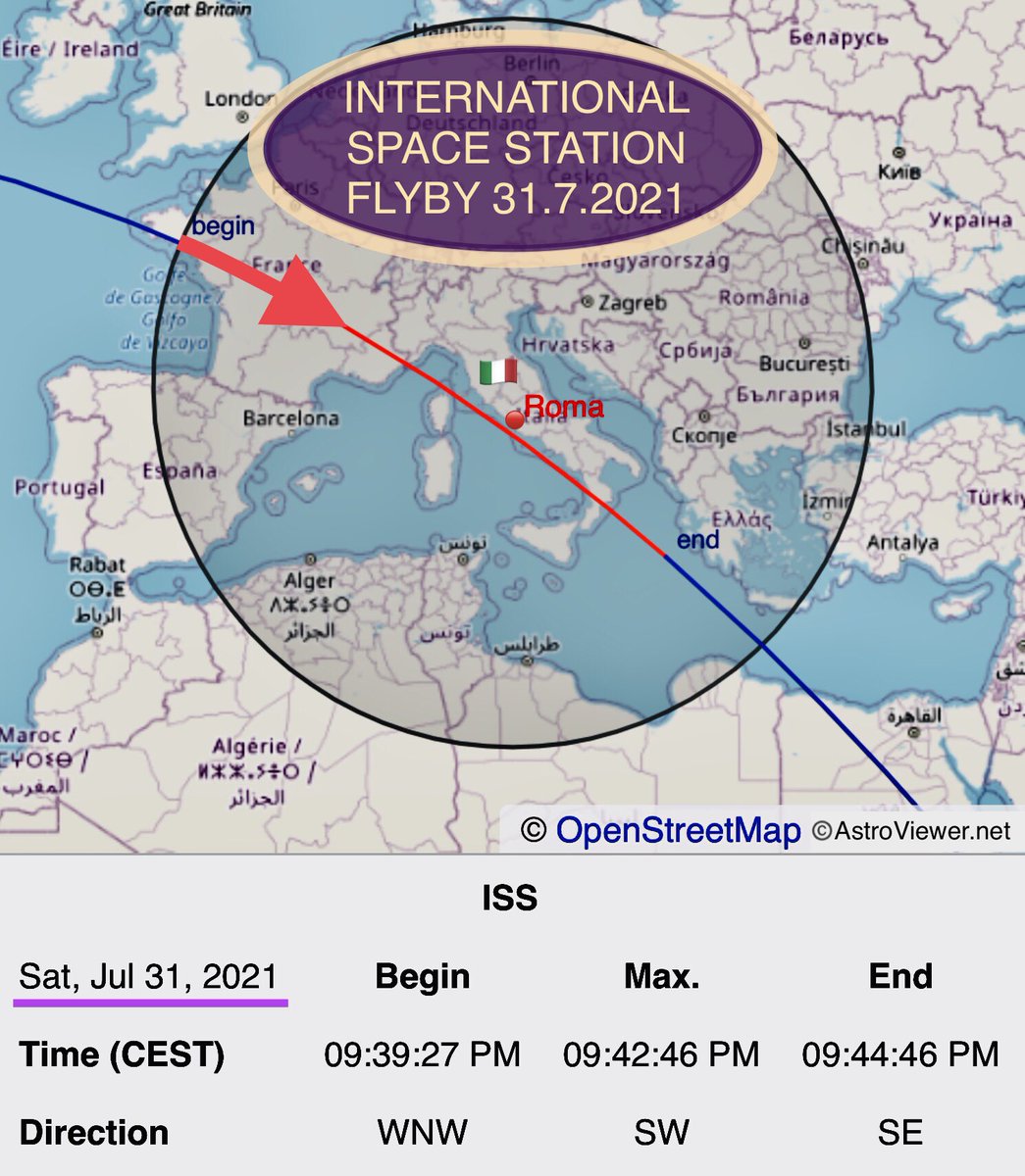 🇮🇹Roma!
Alle 21:42 sará visibile nel tuo cielo una brillante luce che viaggia a 27.581 km/h: la <a href="/Space_Station/">International Space Station</a>
  
  📲consiglio:
       suoneria promemoria
       foto ricordo

Chi c’è sulla ISS spacefacts.de/english/e_toda…
📸 flickr.com/photos/rikyunr…
🌍Tracking esa.int/Science_Explor…
