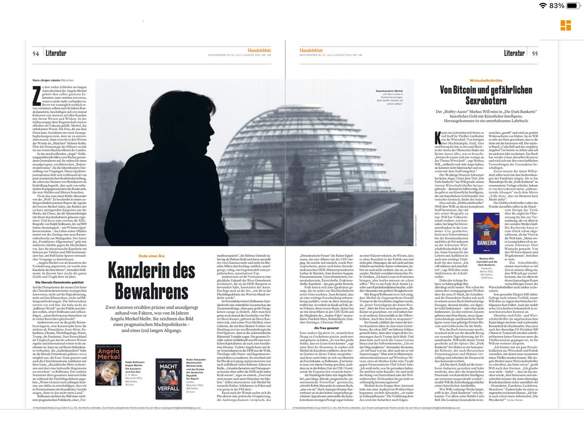Mit <a href="/robinalexander_/">Robin Alexander</a> und <a href="/RalphBollmann/">Ralph Bollmann</a> gemeinsam auf einer Seite im Handelsblatt. 😀Und auch bei mir geht es im Thriller und im Interview - am Rande - um Angela Merkel (<a href="/RegSprecher/">Stefan Kornelius</a>)
