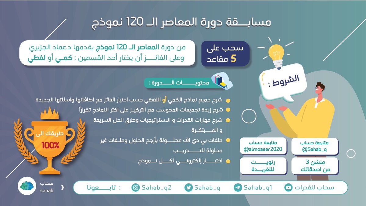 🔹وجبنا لكم مسابقة جديدة🤩🎁

الجائزة بتكون لخمس فائزين بمقاعد بدورة المعاصر الـ ١٢٠ نموذج 📚
دورة تحقيق الاحلام🎯
                
📍تبداء الدورة 15/7/2021

يقدمها: 👨🏻‍💻دكتور عماد الجزيري/ <a href="/almoaser2020/">عماد الجزيري مؤلف سلسلة المعاصر قدرات و تحصيلي</a> 
مؤلف سلسلة المعاصر قدرات وتحصيلي

والشروط جدا سهلة وبسيطة✅
بالتوفيق للجميع🎈