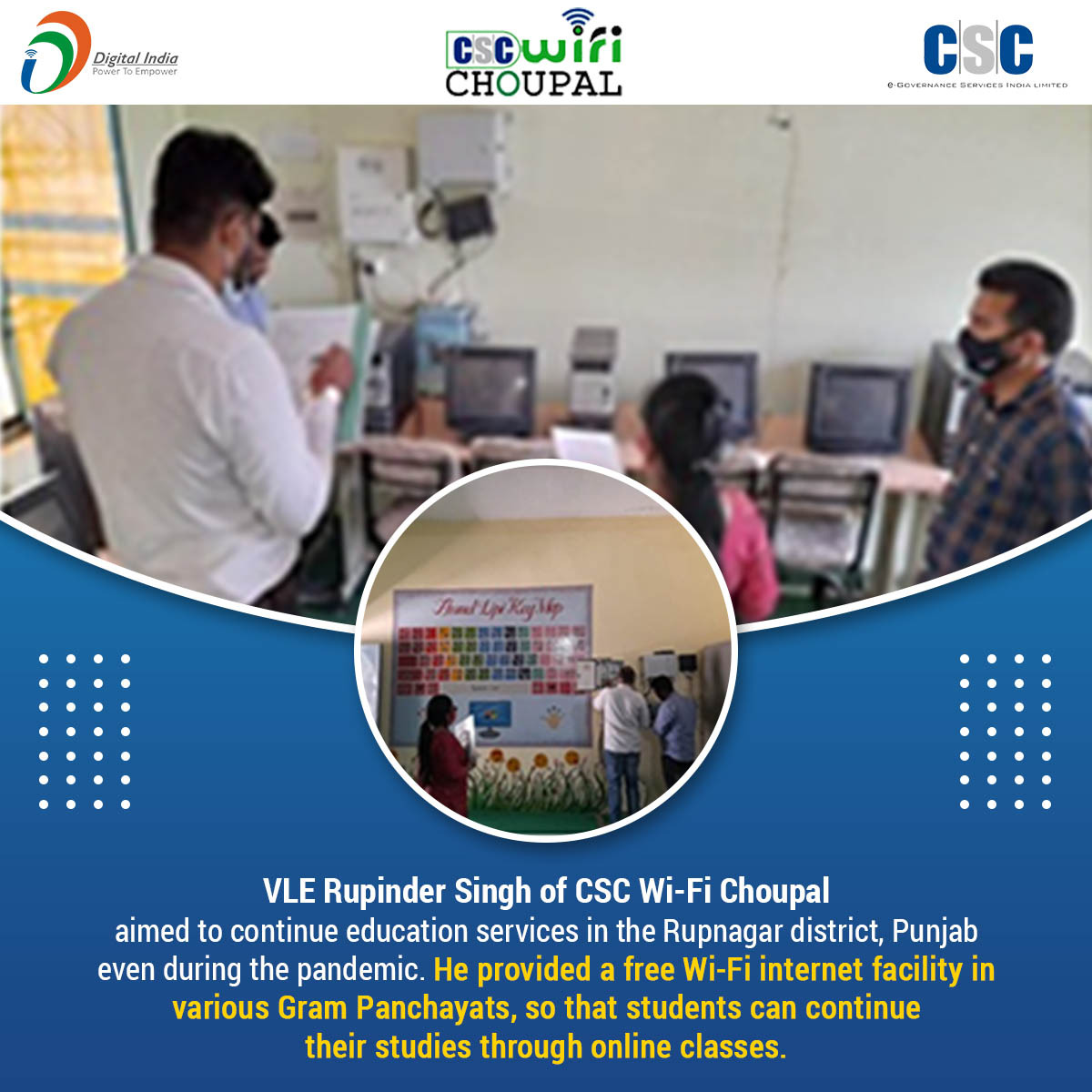 CSCegov_'s tweet image. VLE Rupinder Singh of #CSCWiFiChoupal aimed to continue education services in the Rupnagar district, #Punjab even during the pandemic. He provided free Wi-Fi internet facilities in various Gram Panchayats, so that students can study through online classes.

#GharTakFiber