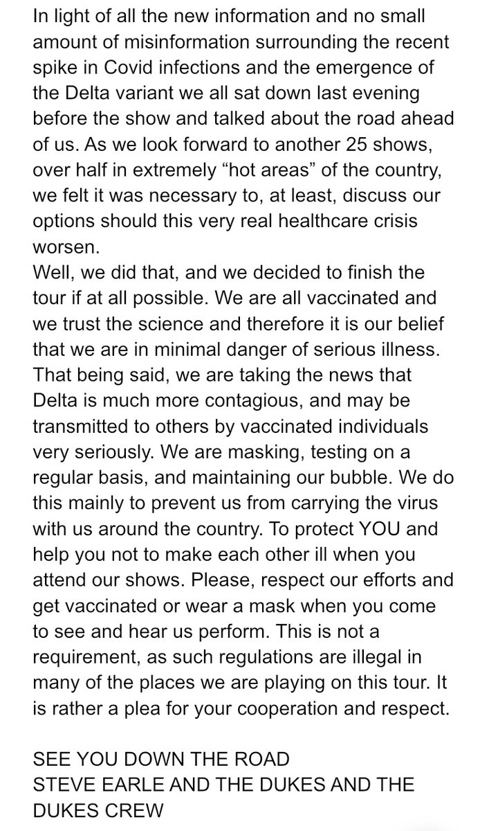 SteveEarle's tweet image. An important message to fans from Steve Earle, the Dukes &amp;amp; their crew: