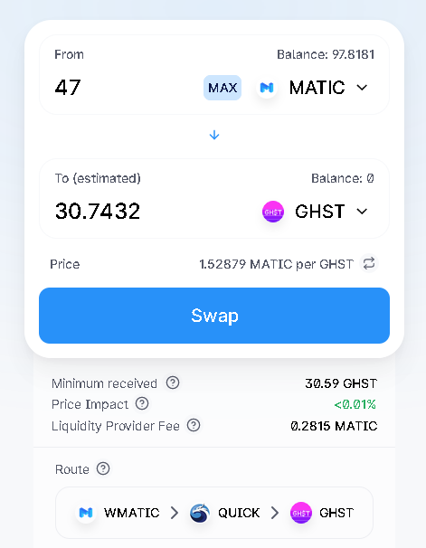 oliversinan's tweet photo. Now swapping some bridged $MATIC for $GHST on quickswap https://t.co/jnsLc511rN