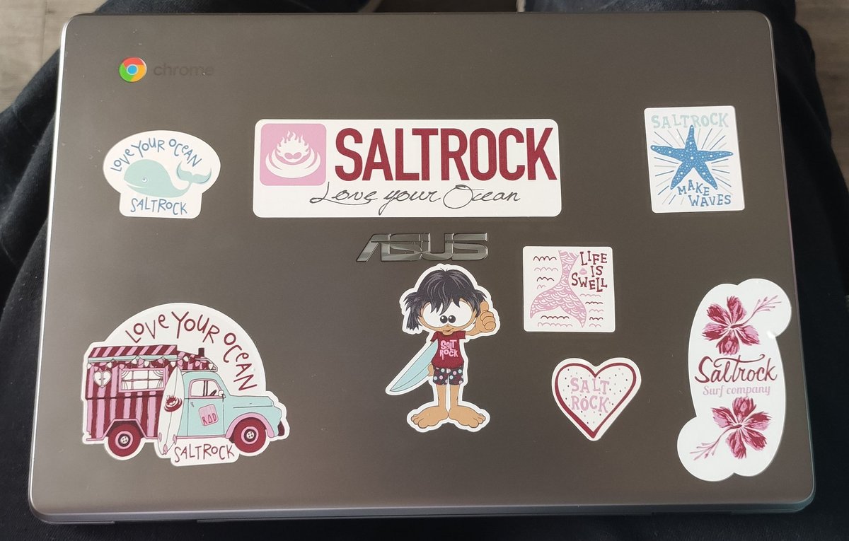Mark_Aldrich's tweet photo. When your Daughter decorates her #Chromebook with her new @saltrocksoul stickers! #mysaltrock #Surf #surfDevon https://t.co/9IgChQFcuG