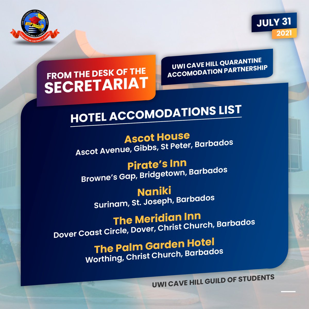 cavehill_guild's tweet photo. Hello Blackbirds 👋🏽
 
Here's an official announcement from the Guild Secretariat about quarantine accommodation. ‼️

For more information, see the UWI Cave Hill Guild Quarantine Accommodation document via the link in our bio 🔗 https://t.co/YsJ1W0W7ga