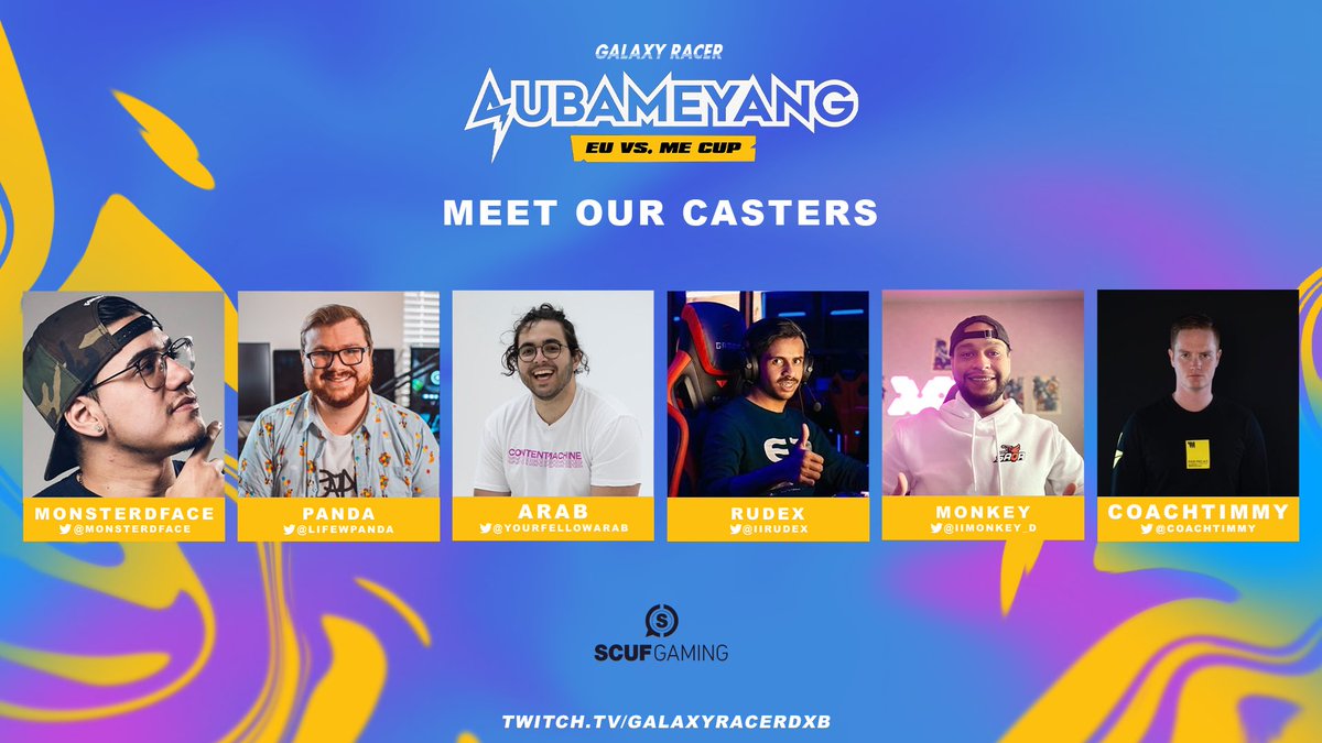 GalaxyRacerDxb's tweet photo. THE OFFICIAL GALAXY RACER AUBAMEYANG EU vs ME CASTERS. A true global event featuring talent from EU | ME | OCE | NA Region! From 1-4 August! 
@MonsterDface @LifeWpanda @YourFellowArab @iirudex @CoachTimmy @iiMonkey_D 
#scufgaming #aubacup #galaxyracer #fortnite #aubameyang https://t.co/ZAtadjnjVk