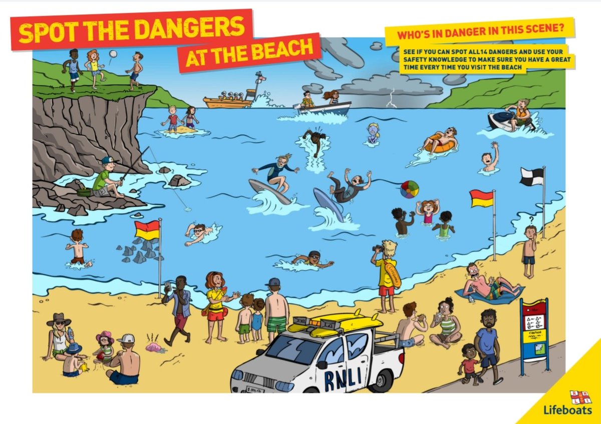 SchoolCopChris's tweet photo. If, like me, you are on holiday, remember @RNLI  rules to #BeSafeHaveFun &amp; know how to spot dangers at the beach. There are 14 dangers to find, if you can! @leadschoolbeat @SWPCardiff #PcChris https://t.co/aGYvTArxAd