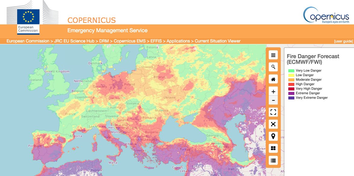 Alerta de incêndios na Europa, do European Forest Fire Information System (EFFIS)