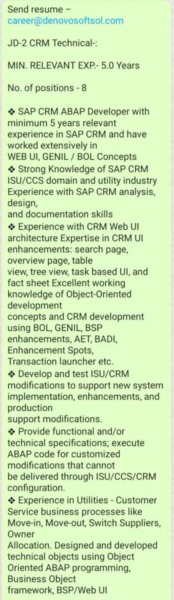 denovosoftsol's tweet image. Send resume – career@denovosoftsol.com
JD-2 CRM Technical-:
MIN. RELEVANT EXP.- 5.0 Years
No. of positions - 8
#WEBUI #CRM #ABAPprogramming #ABAP #ABAPcode #developer #SAPcrm #SAP #programming #programmingexperience