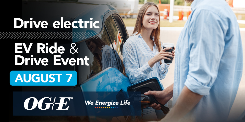 OGandE's tweet photo. Take charge with an electric vehicle. More models, more places to charge, zero gas to buy and virtually no maintenance! See which EV is right for you at our EV Ride & Drive event on Saturday, Aug. 7 in OKC. More event info: https://t.co/tyIou73jL7 #OGEV #DriveElectric #EV https://t.co/coK9ExXAGK