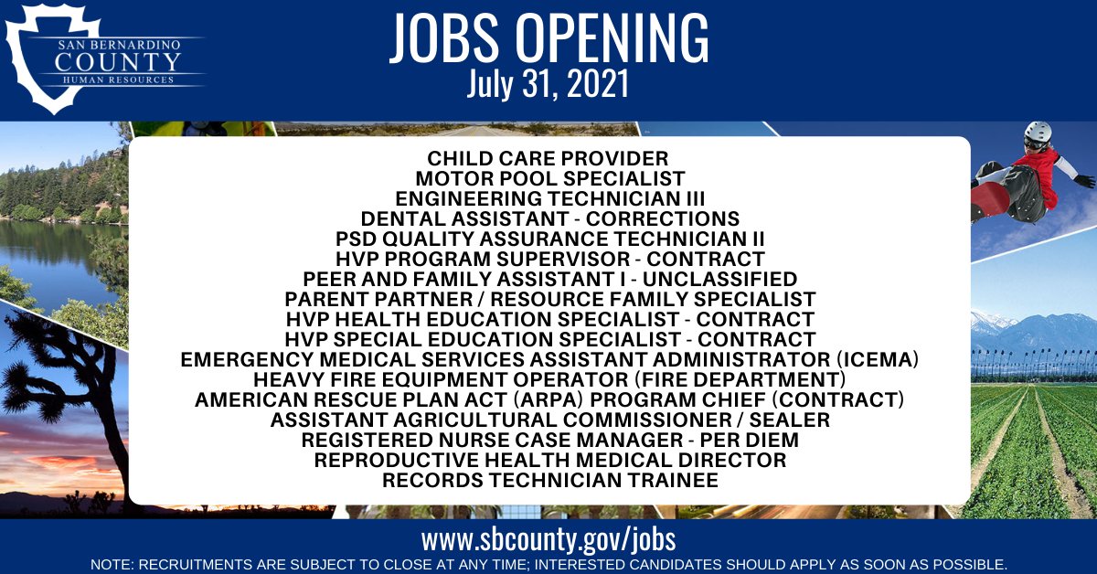 sbcountycareers's tweet photo. We have new jobs opening tomorrow! Apply for an opportunity to make a difference with #SanBernardinoCounty! https://t.co/2GsXFBuC5k #SBCountyJobs #LiveWorkPlaySBC https://t.co/aPFKZ9yTif