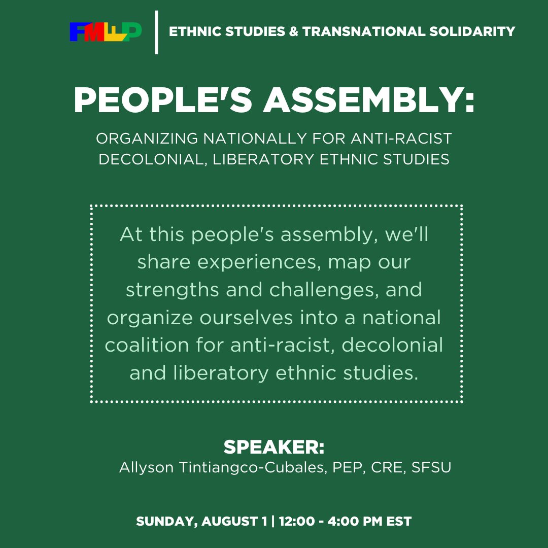 Come build a movement for ethnic studies and transnational solidarity at the Ethnic Studies People’s Assembly tomorrow at 12pm EST! Link in bio! #FMFP2021 #FMFPUnlearning
