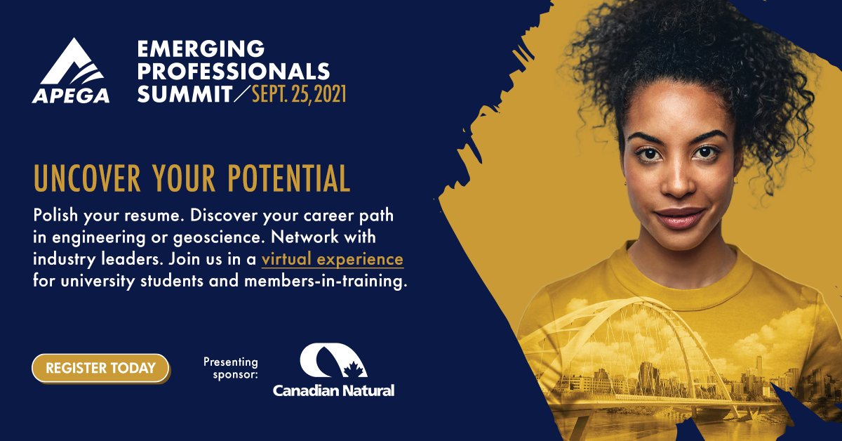 APEGA_AB's tweet photo. Learn what it takes to be a successful professional engineer or geoscientist at the Emerging Professionals Summit, presented by @CanadianNatural. Register now! 
#APEGAeducates #EmergingPros https://t.co/Y8gWNyim3y https://t.co/XEXVrURvYJ
