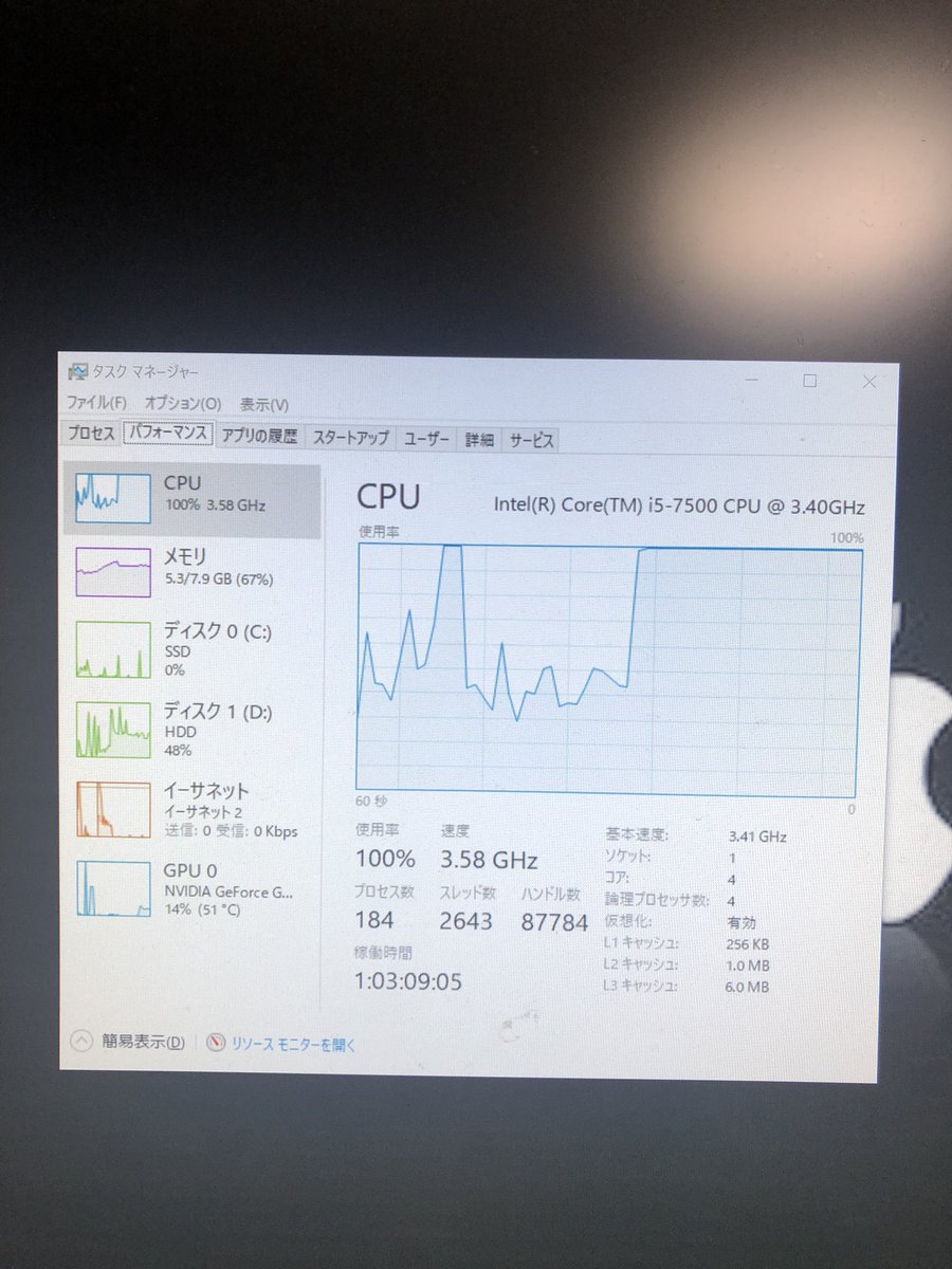 エーペックスやり始めるとCPU使用率100なるの治んねーな