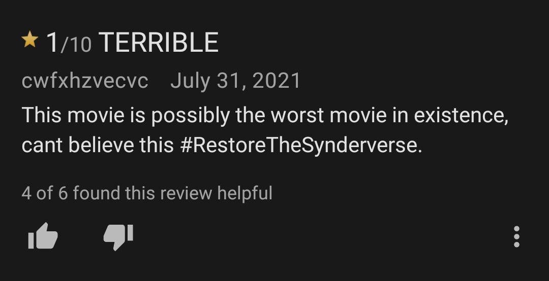SnyderCutCringe's tweet photo. Some cultist review bombing TSS on IMDB

them telling people not to review it 10/10 cause it's not out yet while reviewing it 1/10 themselves did tickle me a bit though https://t.co/aRxXqUYYZJ