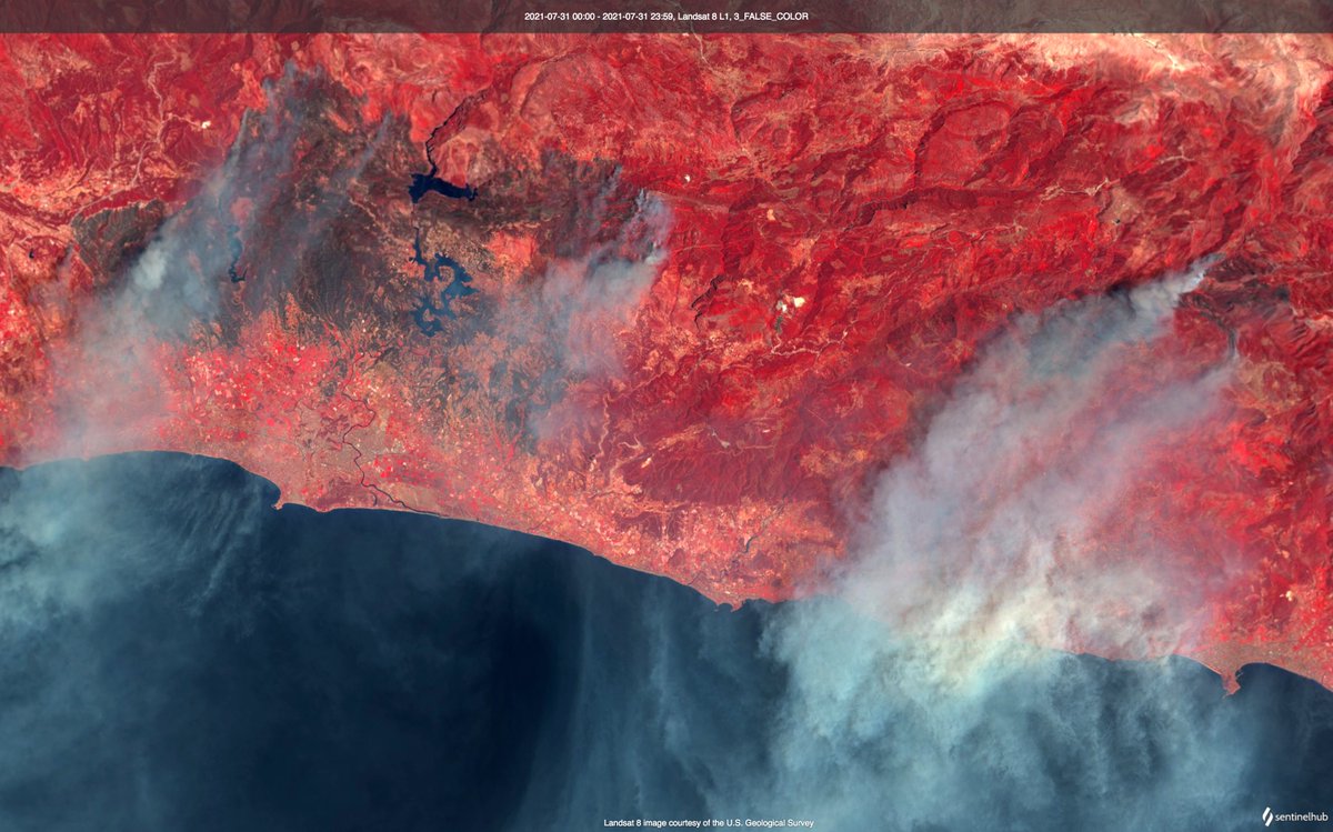 Manavgat ve Alanya yangınlarında bugün 🔥... Uydu ürünlerinin farklı bantlarına bakarak yanan alanları (koyu kahverengi) net olarak görebiliyoruz... #Landsat8
 🛰️ @sentinel_hub #wildfires #Antalya