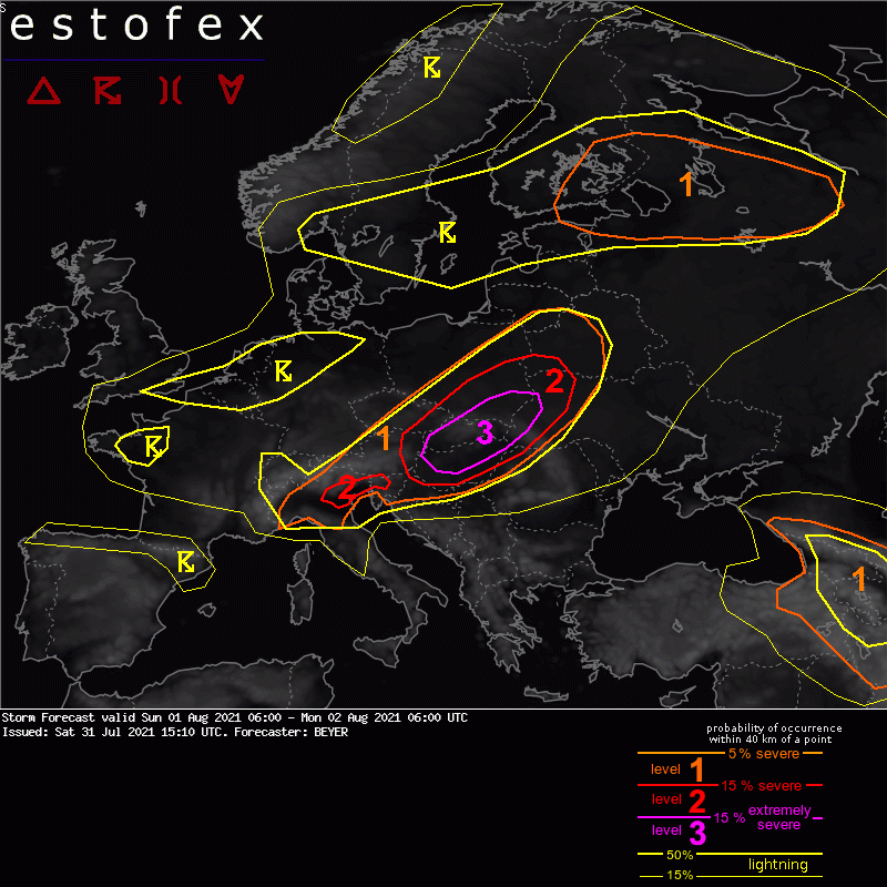 Estofex's tweet photo. Storm Forecast: Level 3 issued by Beyer for period Sun 01 Aug 2021 06:00 - Mon 02 Aug 2021 06:00 UTC - https://t.co/Sh6lLwdU0N
 - https://t.co/MQ29w8Uba5
