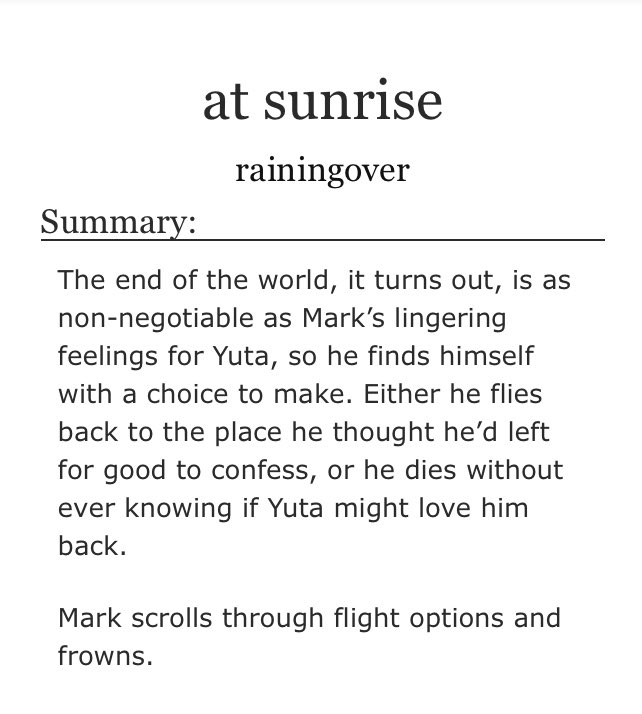 lilacsui's tweet photo. fic: 
at sunrise 🌅 
yumark 
10k, t, written for @yumarkfest 

(link in next twt) https://t.co/HRGzC4ke8q