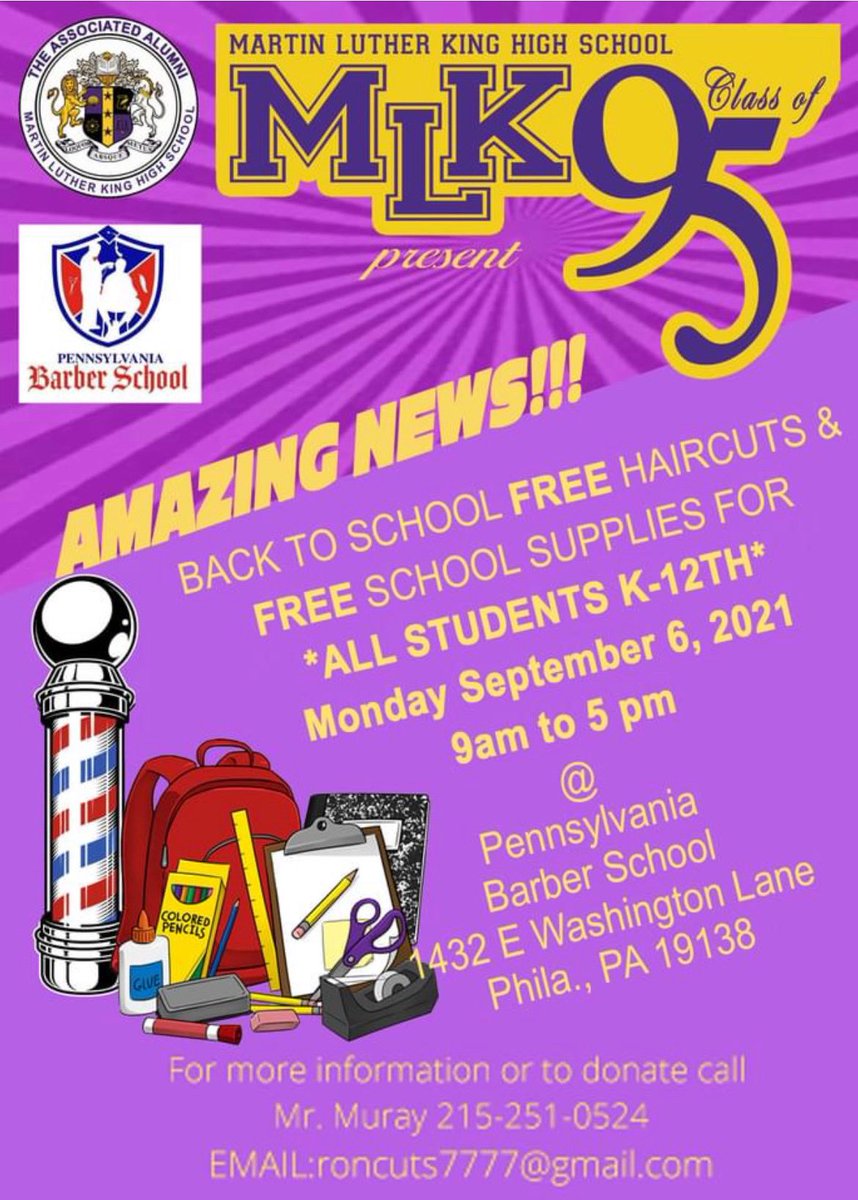 Wagner Middle School (@phlwagnerms) on Twitter photo ๐Need a fresh cut for the new school year? Save the date, Monday, September 6. Free School supplies and a haircut. Thanks to our friends over at <a href="/MLKpromise/">MLK High School</a> Class of 1995!!! We will send a reminder again. @CherelleParker9 <a href="/CMThomasPHL/">Councilmember Isaiah Thomas</a> ๐Need a fresh cut for the new school year? Save the date, Monday, September 6. Free School supplies and a haircut. Thanks to our friends over at <a href="/MLKpromise/">MLK High School</a> Class of 1995!!! We will send a reminder again. @CherelleParker9 <a href="/CMThomasPHL/">Councilmember Isaiah Thomas</a>