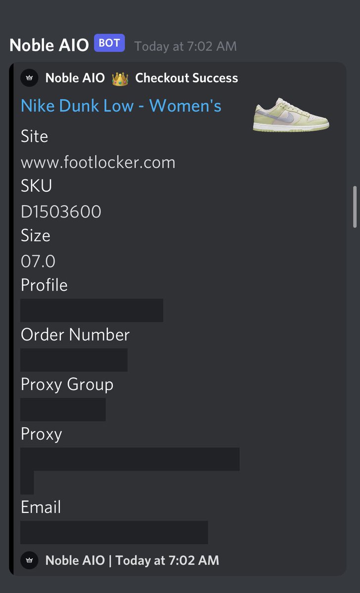 1k stock no issues here :)
Bot: <a href="/Noble_AIO/">Noble AIO</a> 
Proxies: <a href="/mushroomproxy/">Mushroom Proxy</a> 
Group: <a href="/aycdio/">AYCD</a> @HelixDiscord_