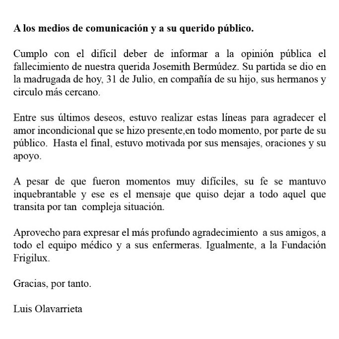 Luis Olavarrieta (@luisolavarrieta) on Twitter photo Lamento en participar el fallecimiento de nuestra querida <a href="/Josemithve/">Josemith Bermúdez</a>
Gracias por tanto afecto. 🙏🏻 Lamento en participar el fallecimiento de nuestra querida <a href="/Josemithve/">Josemith Bermúdez</a>
Gracias por tanto afecto. 🙏🏻