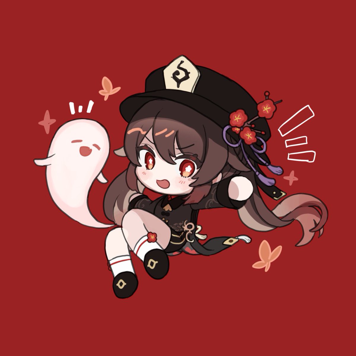 hu tao (genshin impact) 1girl hat chibi ghost brown hair red eyes red background  illustration images