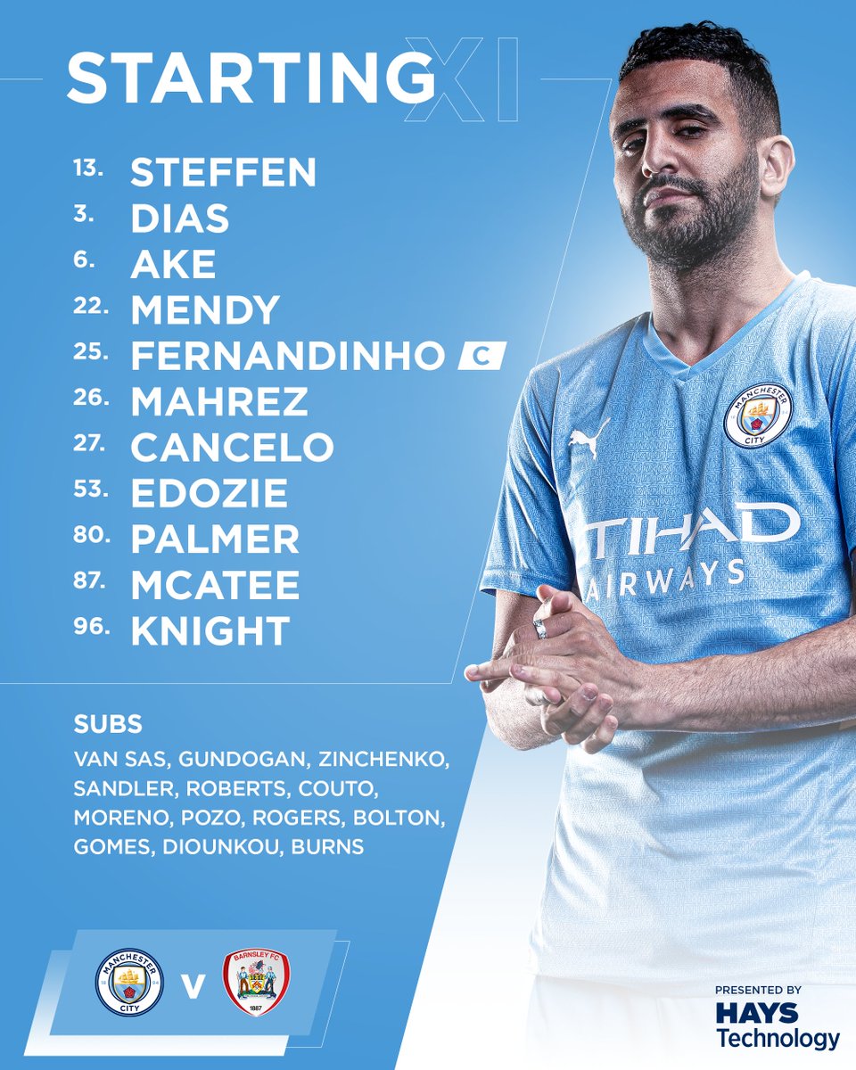 ManCity's tweet photo. Your City XI to battle Barnsley! 💪

XI | Steffen, Cancelo, Dias, Ake, Mendy, Fernandinho (C), McAtee, Palmer, Mahrez, Edozie, Knight

⚽️ @HaysWorldwide 
🔷 #ManCity | https://t.co/axa0klD5re https://t.co/b4M1e2KTpd