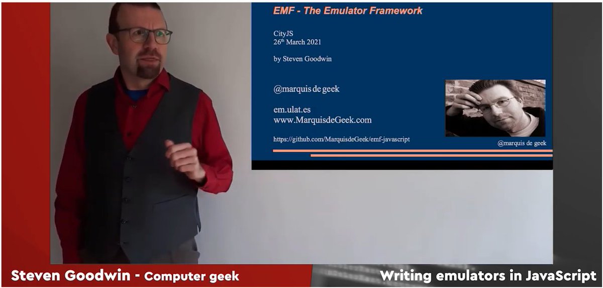 cityjsconf's tweet image. #Flashback 

1 day to the next #CITYJS2021 and during the last #conference we had Steven Goodwin telling us how to Write emulators in #JavaScript

Watch it now online 
🔽🔽🔽🔽🔽🔽🔽
youtu.be/f_xRFn_-SoY