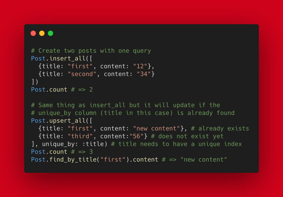 websebdev's tweet photo. 💎Rails tip💎

Did you know Rails gives you methods to create and update multiple records in one single query?

#ruby #rails #rubyonrails
https://t.co/Bt8lDj9WuH