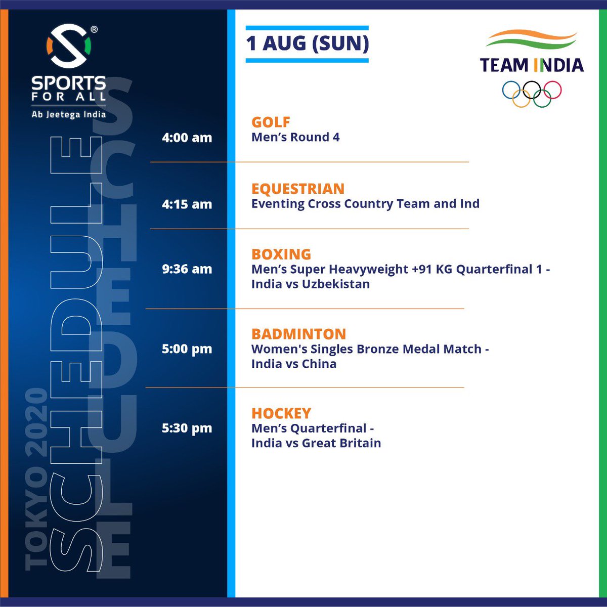 sfanow's tweet photo. Here is a lineup of events that #TeamIndia would be a part of on DAY 10 at #Tokyo2020.
Watch @WeAreTeamIndia LIVE as the hunt for the #Olympics medals carry on! #AbJeetegaIndia
.
.
#Cheer4India #OlympicGames #HumHongeKamayab #SheIsGold #StrongerTogether #TokyoOlympics https://t.co/FH1T8HjmVr