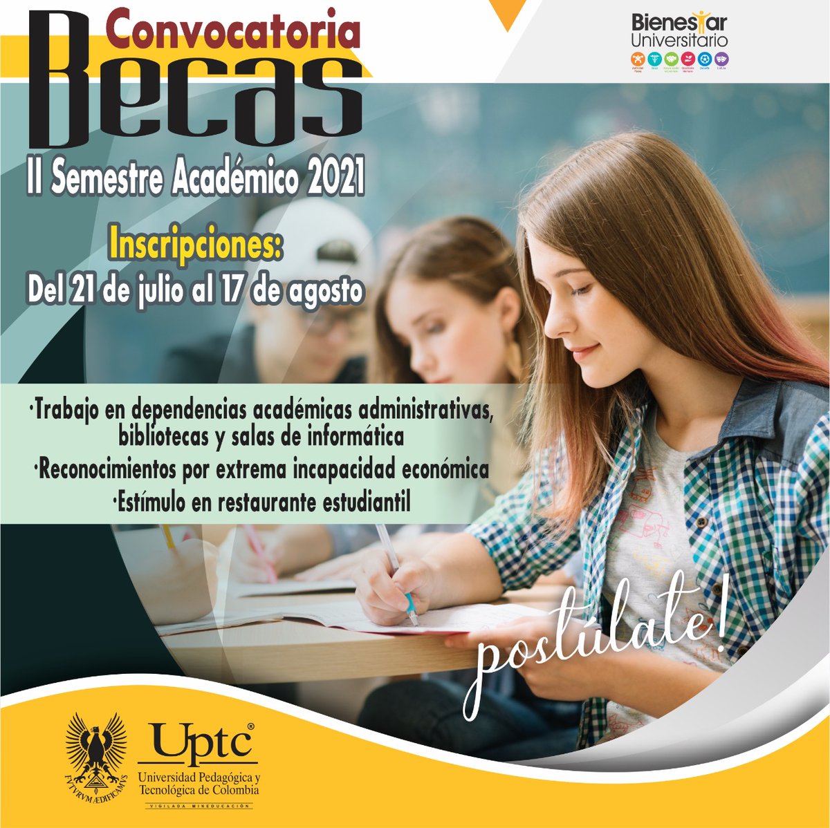 UPTCoficial's tweet photo. Upetecista.
Se abren convocatorias para las Becas del segundo semestre de 2021. Conozca a detalle toda la información ingresando aquí: https://t.co/Mc6OcUvl4z | Bienestar #UPTC https://t.co/ZwmFkmgF6p