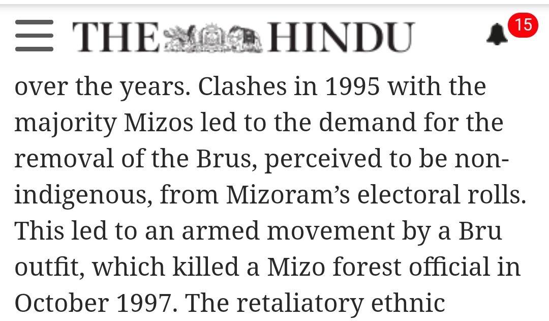 October_Sky_7's tweet photo. The epitome of violence took place in October 1997 when one Mizo forest officer was shot to death by the Reang outfit which led to continuous ethnic violence between the two tribes. Moreover,the Reangs asked for Autonomous District Council to which the Mizo tribals heavily (13/n) https://t.co/4qQKYMUB6e