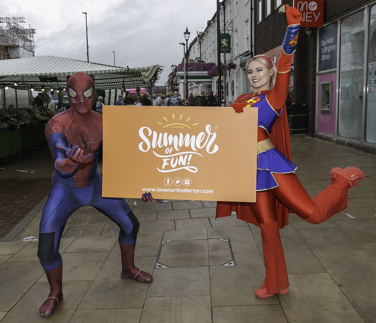 LOVENTHALLERTON's tweet photo. Kapow! Spider-Man and Super Girl took a break from saving the world to meet their fans in Northallerton today. Watch out for more fab visitors on Wednesday in our great Summer of Fun. #summerfun #spiderman #supergirl @ManagementMint @EmmersonUK @DiscHambleton https://t.co/8hOxTOD637