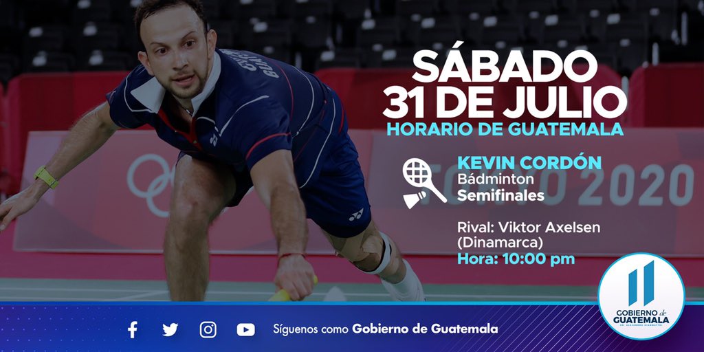 GuatemalaGob's tweet photo. Conéctate y apoya a Kevin Cordón durante su participación en las semifinales de #Badminton en los Juegos Olímpicos de #Tokio🇯🇵 https://t.co/ZIgw2fPjkx