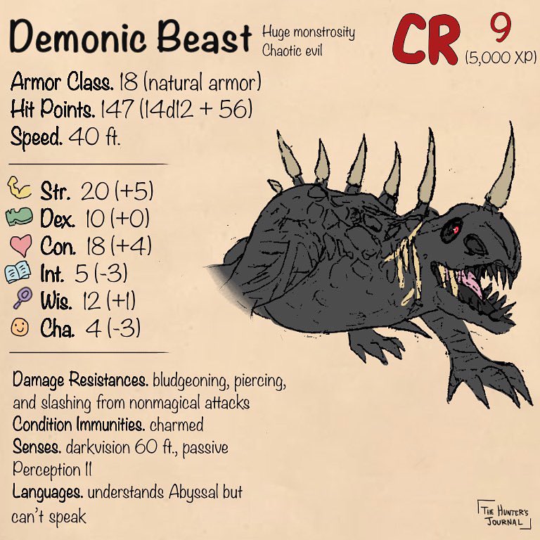 TheHuntersJour1's tweet photo. Fun Fr-aturday with the Demonic Beasts from Fire Emblem: Three Houses! When an individual without a Crest, attempts to wield old artifacts known as Crest Stones, they will eventually be transformed into a monstrous Demonic Beast.

#dnd #dndhomebrew #statblock #fireemblem https://t.co/Va6fIWUlmw