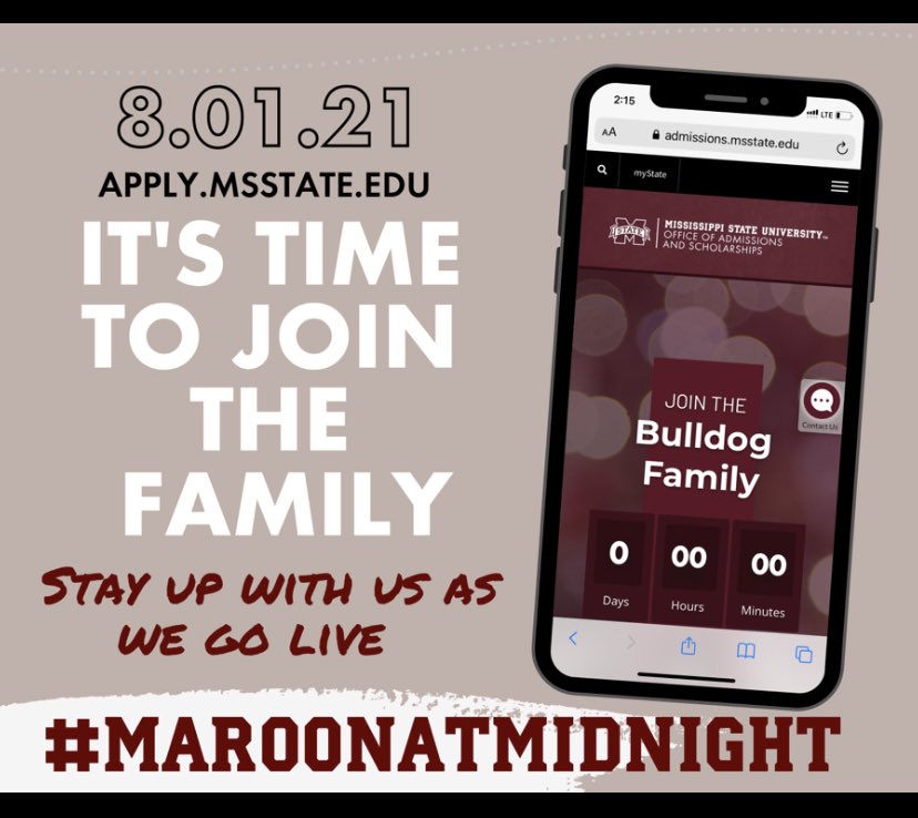 Get ready to apply for admissions to <a href="/MSStateAdmit/">Mississippi State Admissions</a> #MaroonAtMidnight #HailState