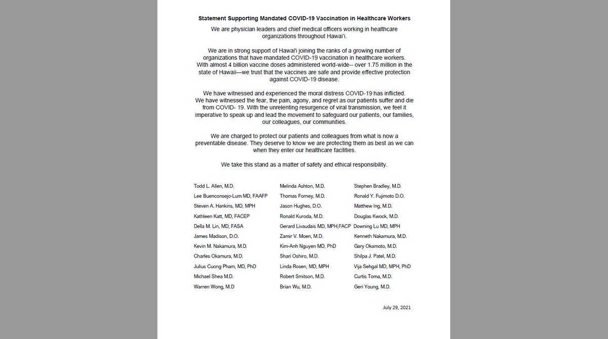 Proud to stand with fellow Hawaii Physician Leaders from all 4 counties supporting #VaccineMandate, #HIGotVaccinated, #washmaskdistance, #MaskUp