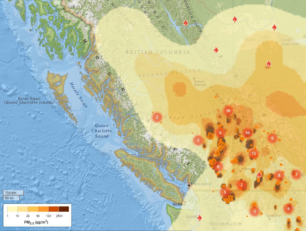 Smoky conditions are persisting in some parts of #BC, which can impact air quality and pose health risks. The <a href="/CDCofBC/">BC Centre for Disease Control</a> has some great tips on how you can cope and stay healthy: bccdc.ca/health-info/pr…
(Image courtesy of firesmoke.ca) #BCwildfire