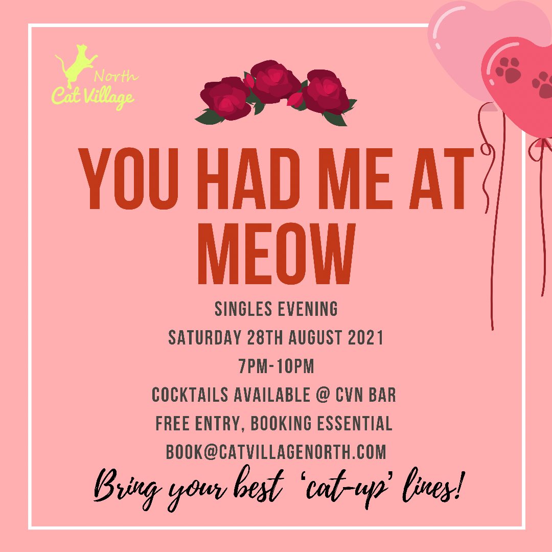 CatVillageNorth's tweet photo. For the singles out there, we’re having a late night opening on Saturday 28th August 7pm - 10pm in time for opening of CVNs new  bar. 

Snacks and drinks will be available. 

Certainly the place where you can come and meet other single cat lovers 😻 

#chesterfield https://t.co/FJUmXL5Gel