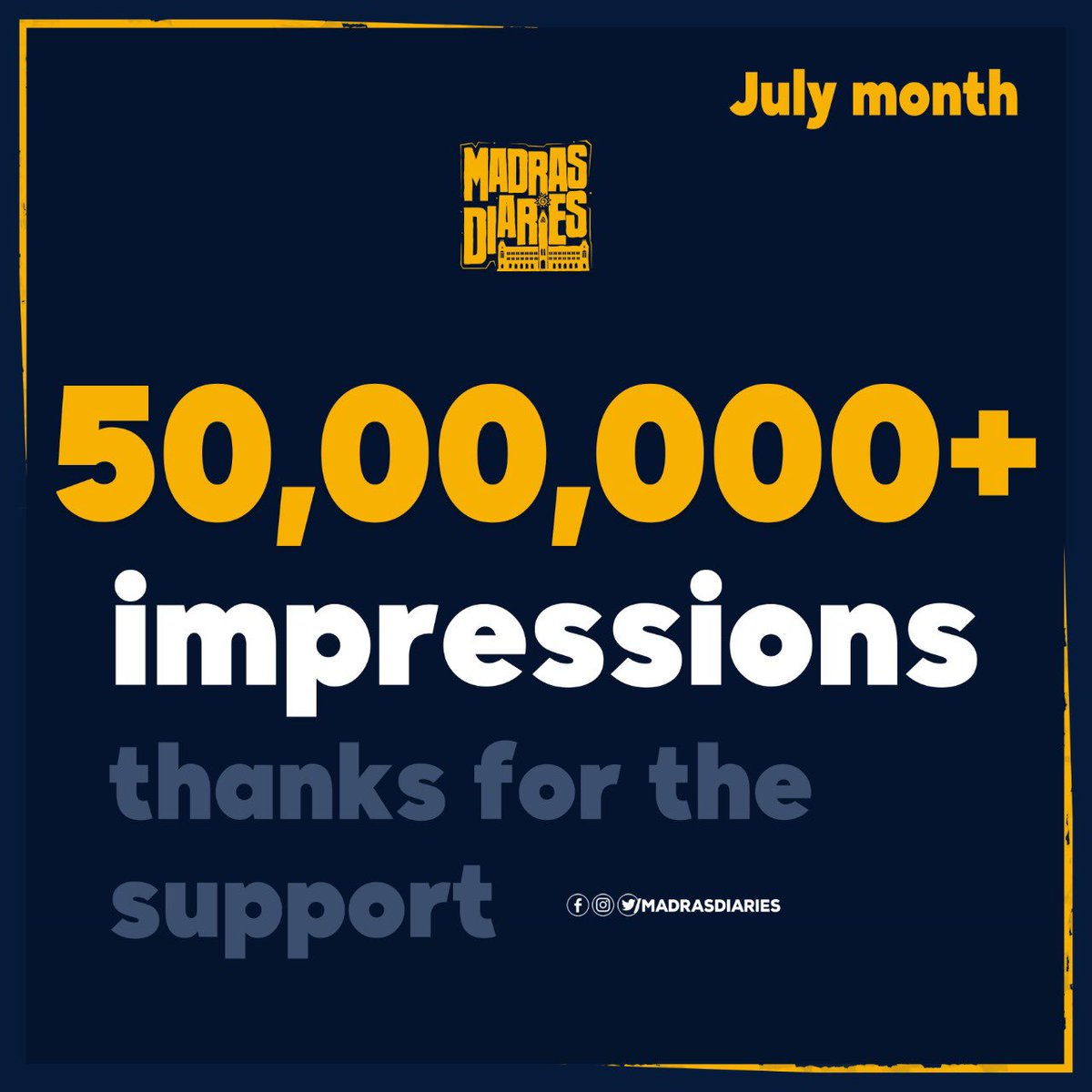 MadrasDiariesMD's tweet photo. 50Lakh Impression in 13Days ❤️🙌 Thank You all for your massive support towards #MadrasDiaries #JulyEnd https://t.co/BJslWWtvGH