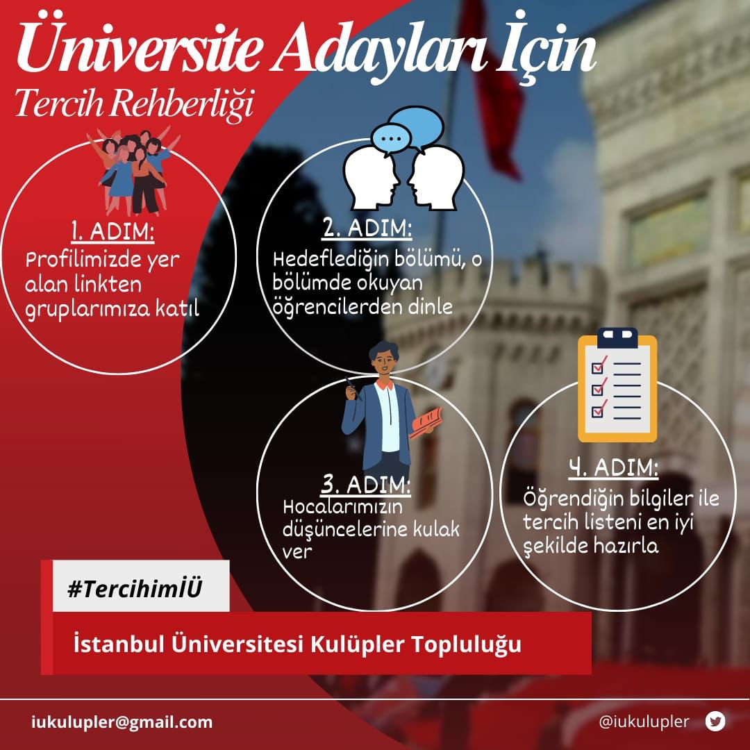İstanbul Üniversitesi’ni tercih etmek isteyen üniversite adaylarına İstanbul Üniversitesi Öğrenci Kulüpleri olarak ücretsiz tercih rehberliği yapıyoruz. 

Yapmanız gereken sadece Telegram kanalımıza girmek:

t.me/tercihimiu

#TercihimİÜ
#yks2021 #iü <a href="/istanbuledutr/">İÜ</a>