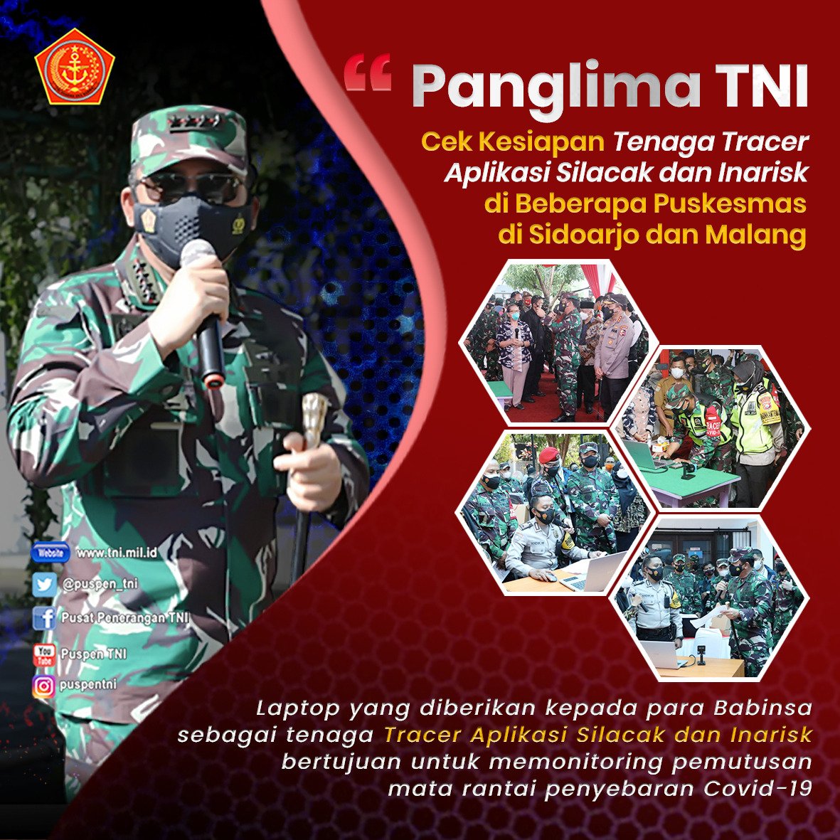 Puspen_TNI's tweet photo. Panglima TNI @TjahjantoHadi Cek Kesiapan Tenaga Tracer Di Beberapa Puskesmas di Sidoarjo dan Malang, Jawa Timur.
#tni #p5tni #tracer #silacak #inarisk https://t.co/ErCkCYPwVk